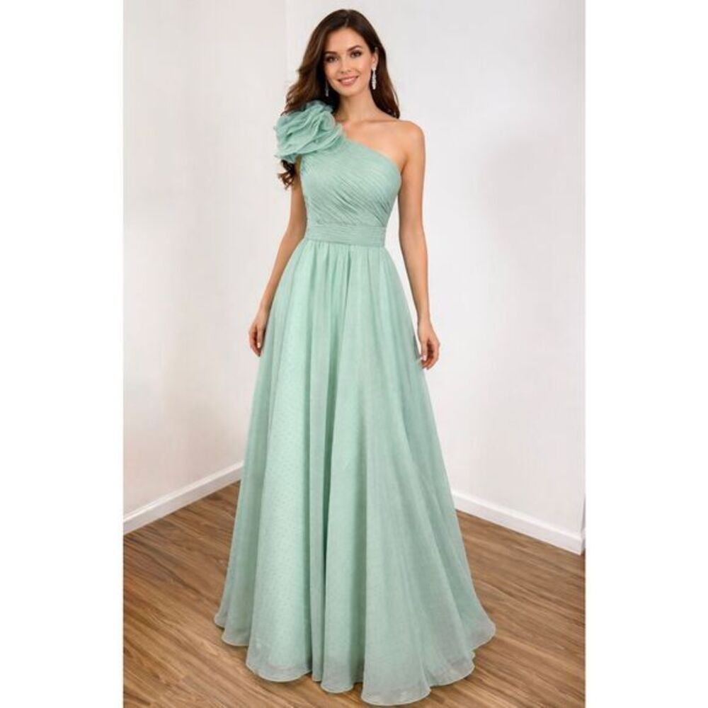 Mac Duggal Rosette Ruffled One Shoulder Metallic Polka Dot Gown Size 2